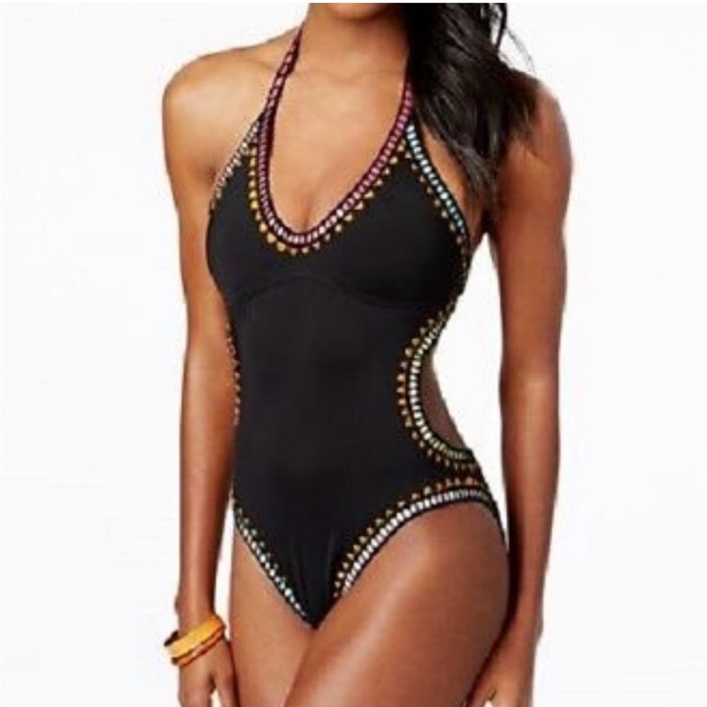 Bar III Be Weave It women’s Black One-Piece  swimsuit rainbow crochet trim L
